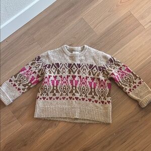 Velvet Pink and Brown Crew Neck Sweater with Nordic Pattern